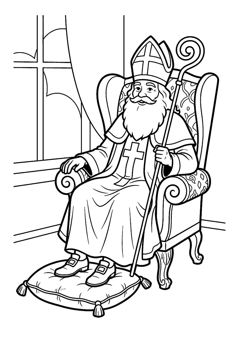 Sint rust uit in sierlijke fauteuil met staf naast voetenbankje en raam erachter.