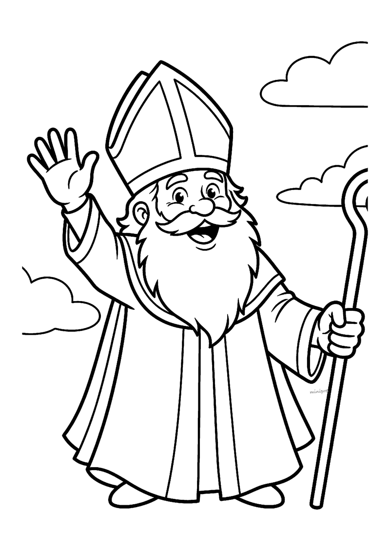 Vrolijke Sint zwaait met opgeheven hand en staf tussen wolken in cartoonstijl.