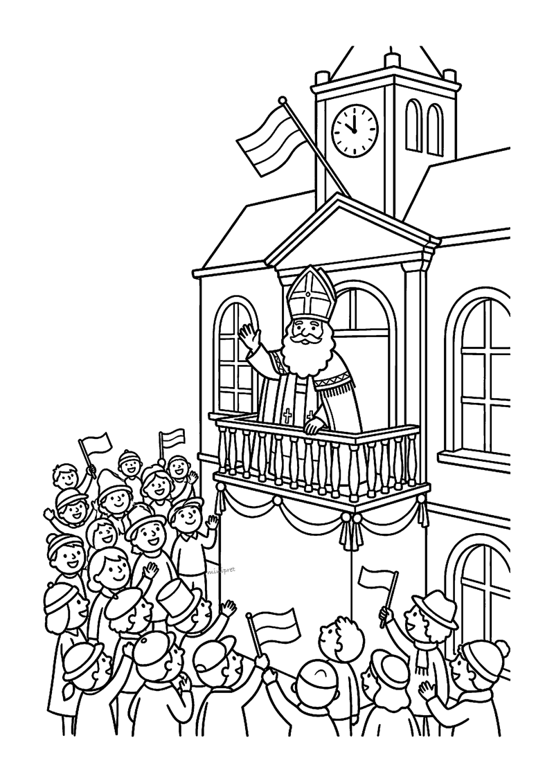Sint zwaait vanaf balkon van stadhuis met klok en grote menigte met vlaggetjes.