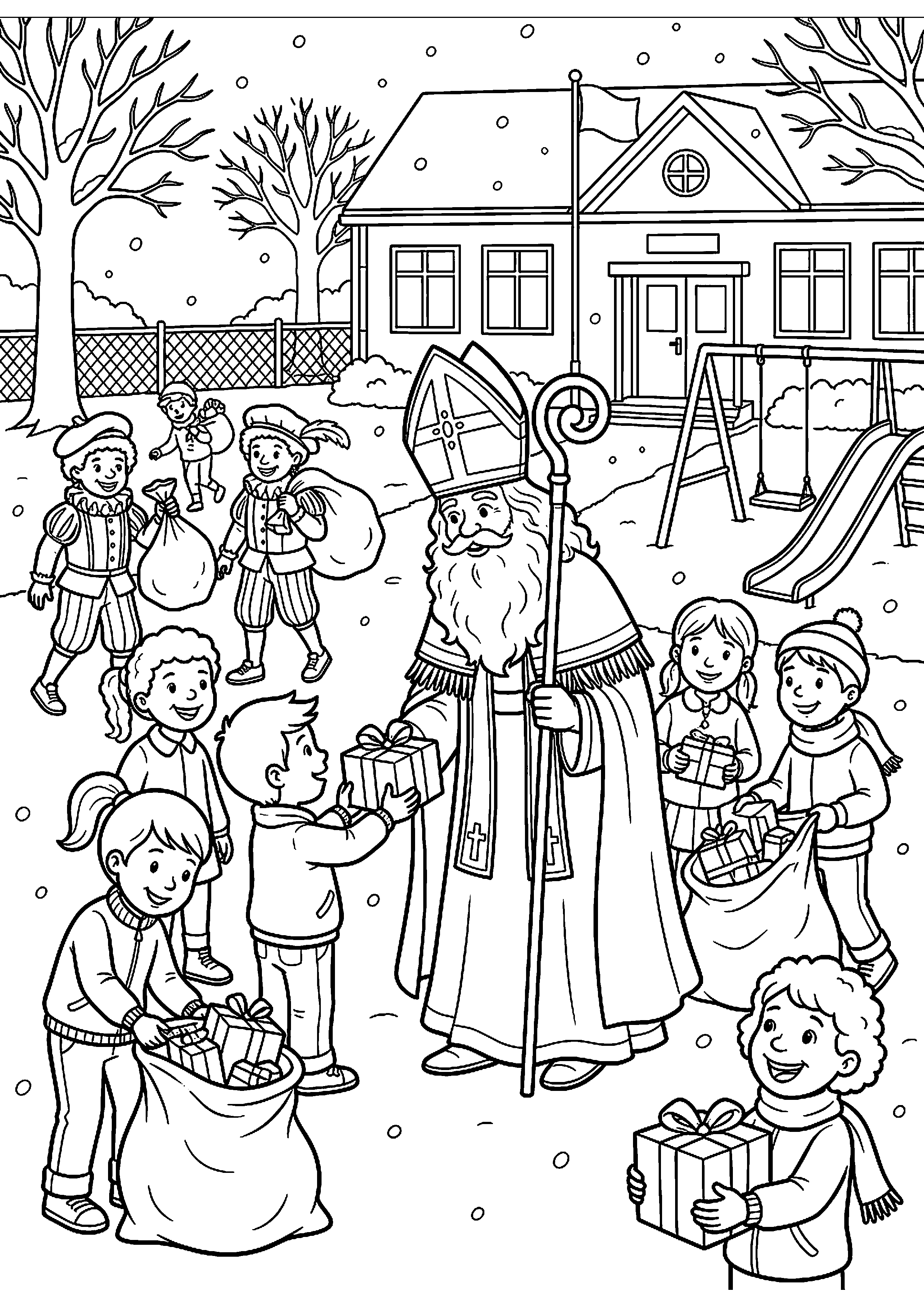 Sinterklaas en kinderen op schoolplein met cadeautjes kleurplaat — gratis kleurplaat