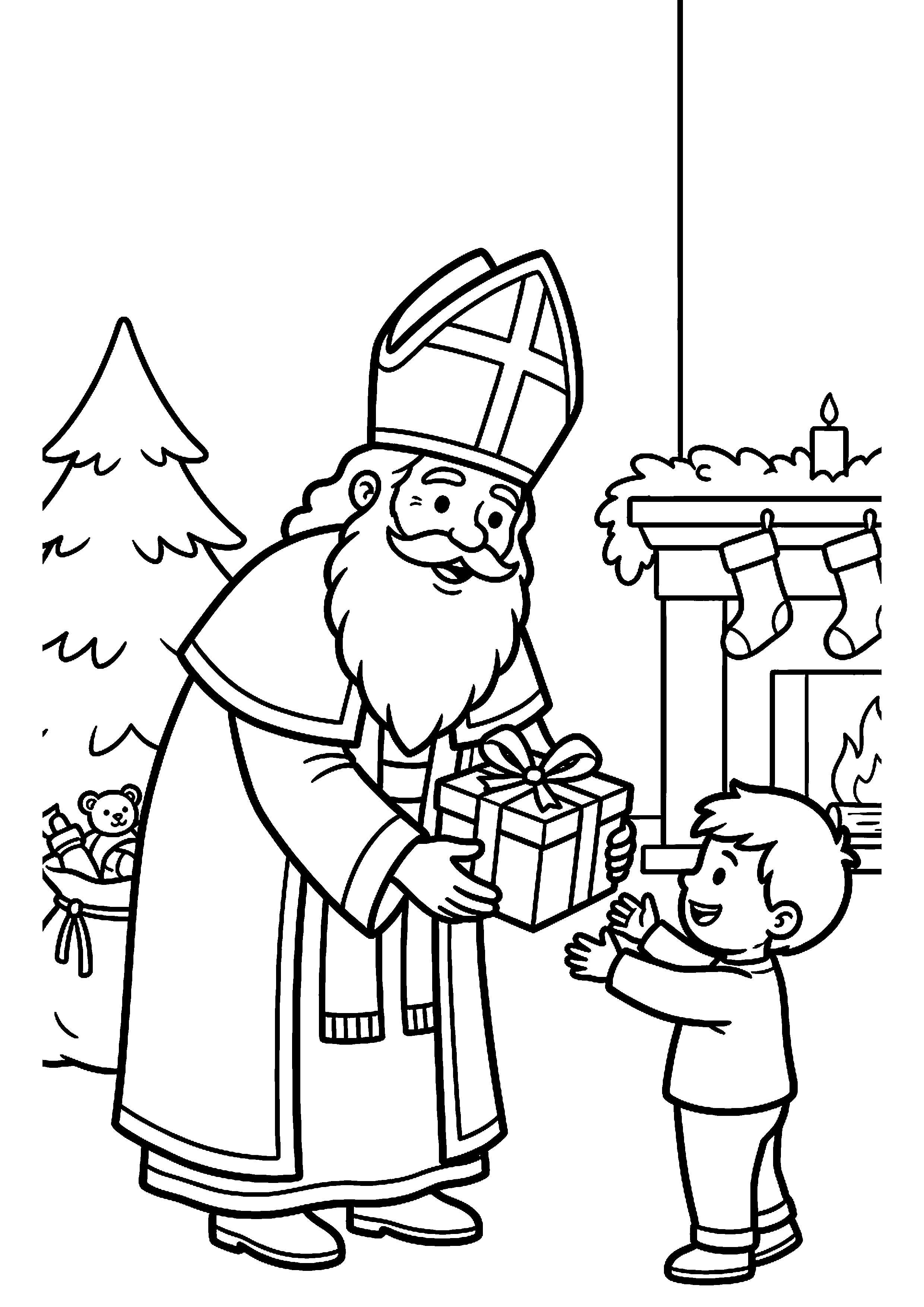 Sinterklaas geeft cadeautje aan kind kleurplaat — gratis kleurplaat