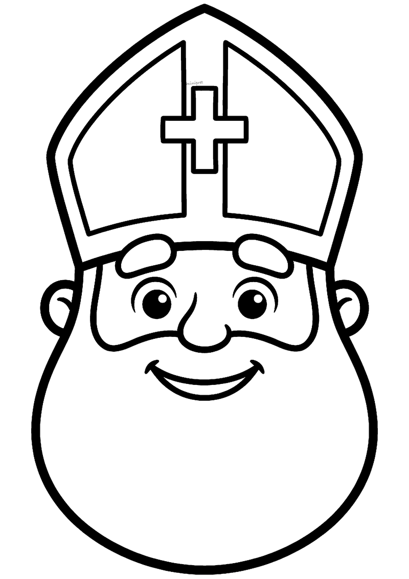Kleurplaat van het hoofd van Sinterklaas met een grote ronde baard, een brede lach en een mijter met kruis