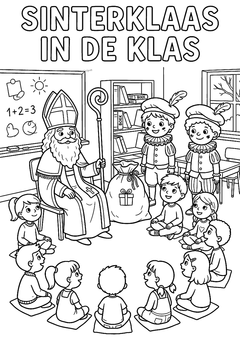 Kleurplaat van Sinterklaas op een stoel met twee Pieten en kinderen in een kring, titel Sinterklaas in de klas