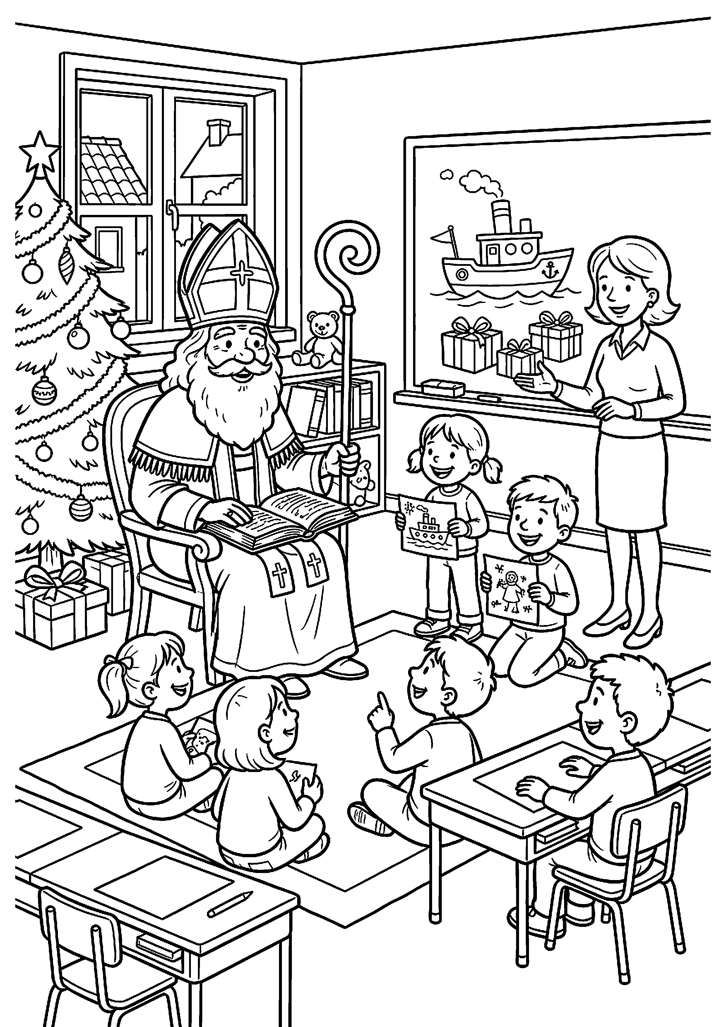 Sinterklaas in de klas kleurplaat — gratis kleurplaat