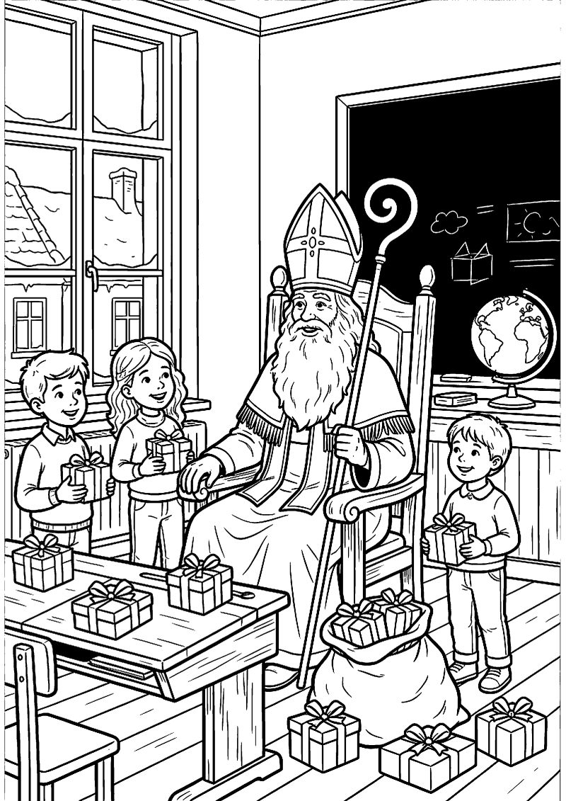 Sinterklaas in klas met kinderen en cadeautjes kleurplaat — gratis kleurplaat