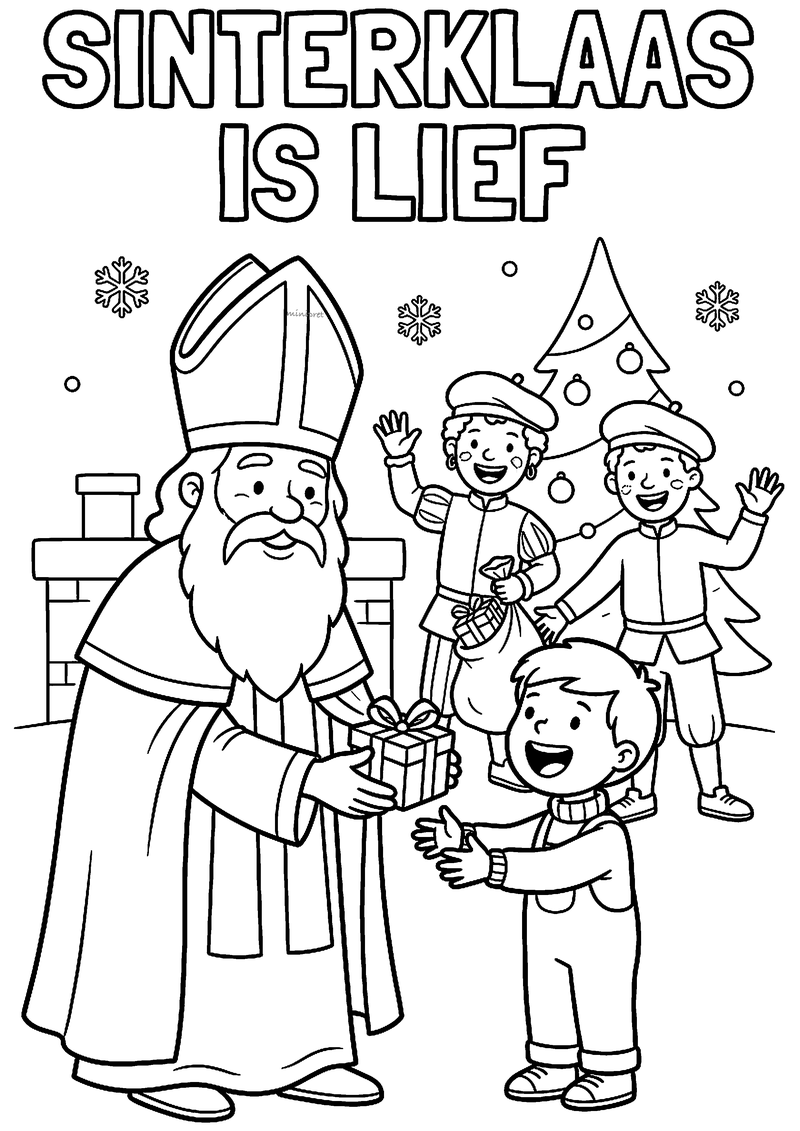 Kleurplaat van Sinterklaas die een cadeautje geeft aan een blije jongen, twee Pieten zwaaien, titel Sinterklaas is lief