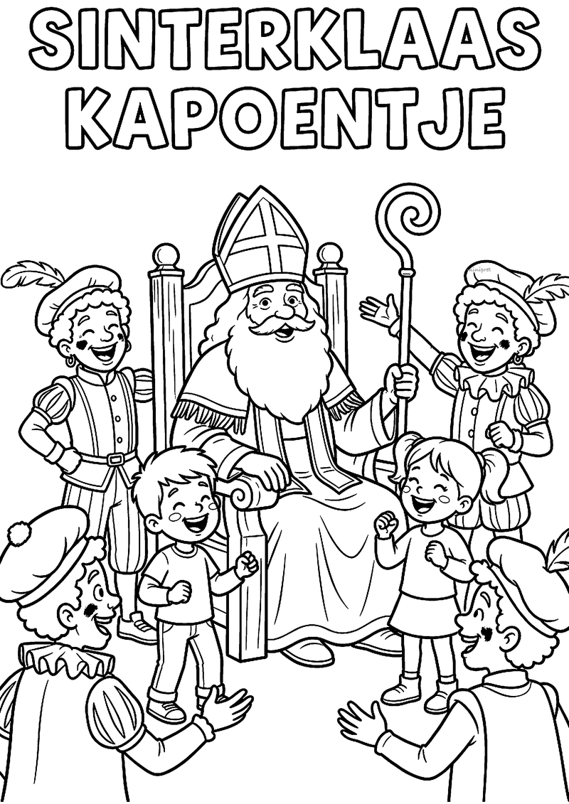 Kleurplaat van Sinterklaas op zijn troon met vier Pieten en twee zingende kinderen, titel Sinterklaas kapoentje