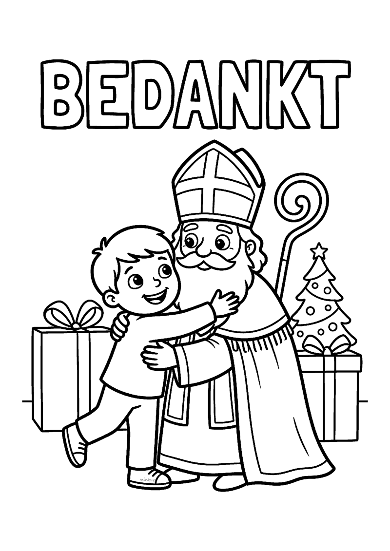 Kind omhelst Sint tussen pakjes en kerstboom met tekst BEDANKT erboven.