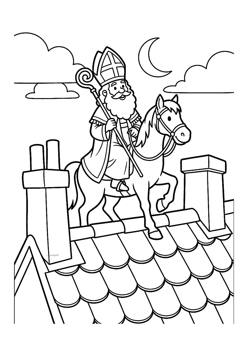 Sint op paard staat op pannendak naast schoorstenen onder maan en wolken.
