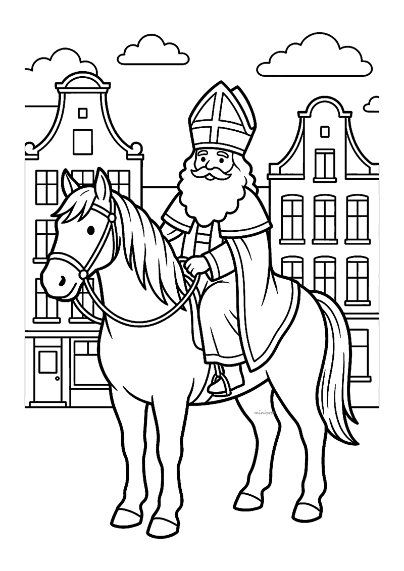 Sint te paard stapt door grachtenstraat met smalle huizen en trapgevels eromheen.