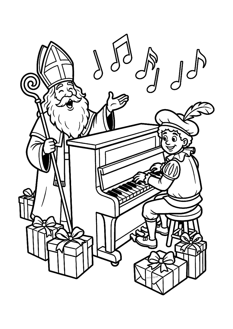 Piet speelt piano en Sint zingt met muzieknoten en cadeaus om zich heen.