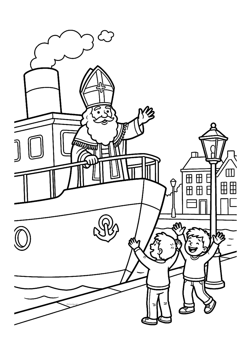 Sint zwaait vanaf stoomboot bij kade, twee kinderen op straat zwaaien terug.