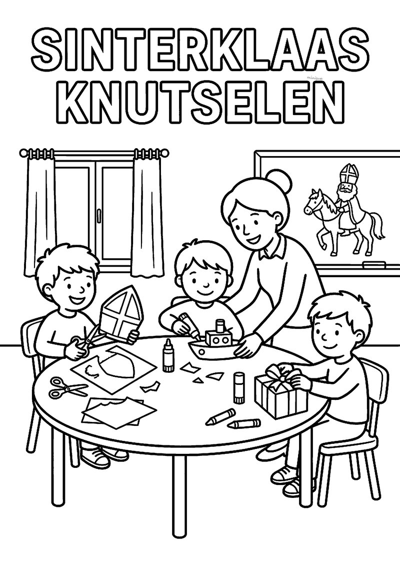 Kleurplaat van drie kinderen die aan tafel een mijter, stoomboot en cadeau knutselen, titel Sinterklaas knutselen