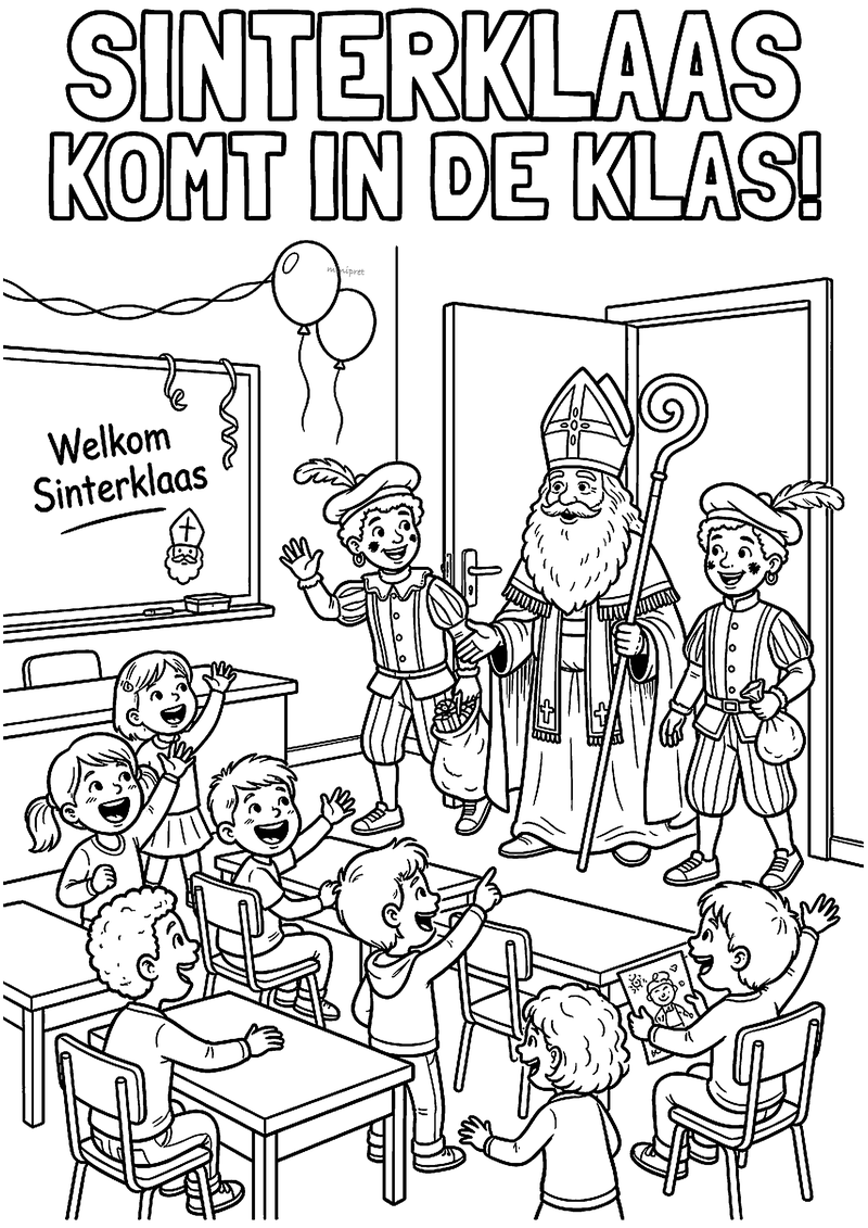 Kleurplaat van Sinterklaas en twee Pieten in de deur bij juichende kinderen, titel Sinterklaas komt in de klas!