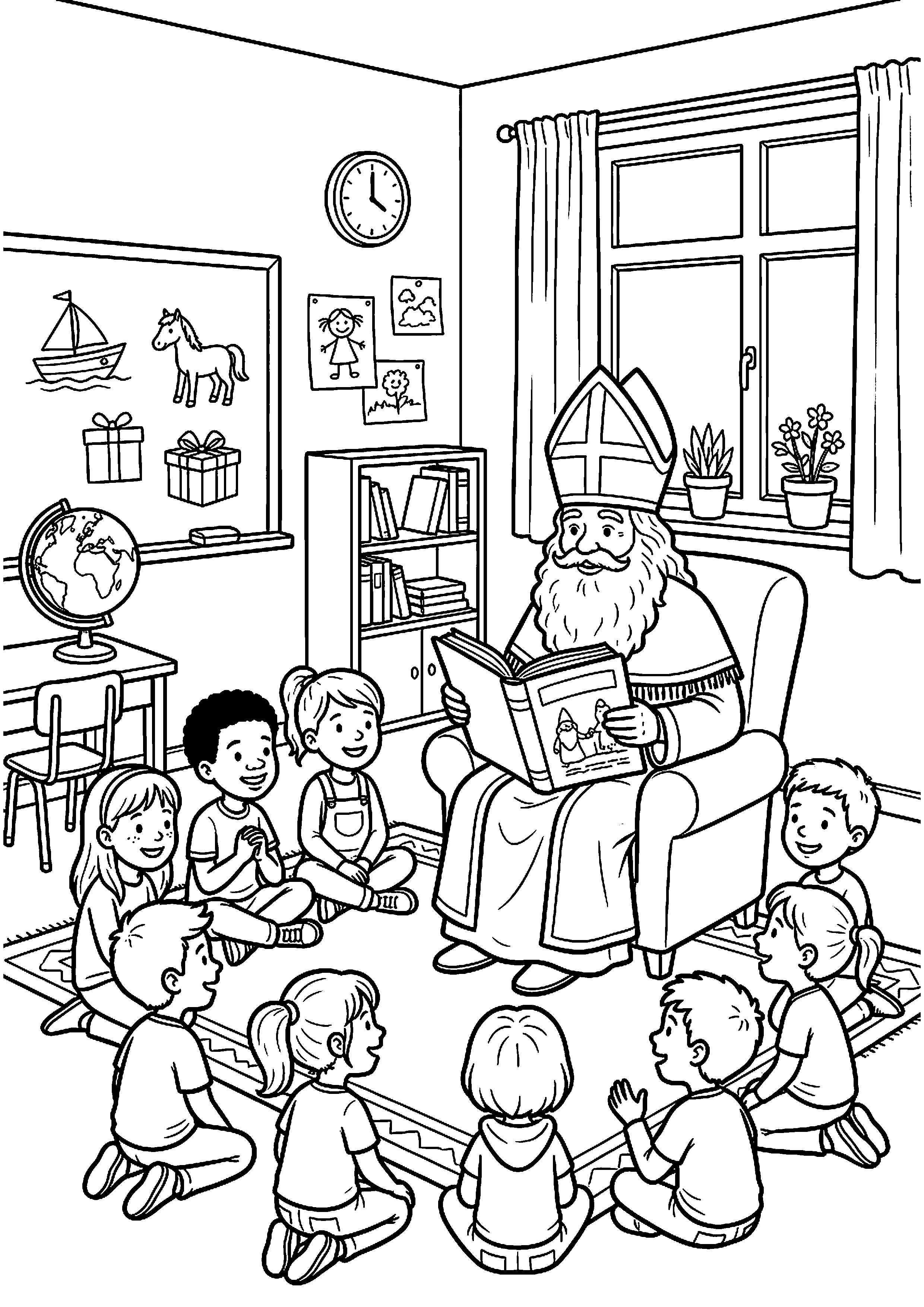 Sinterklaas leest voor in de klas kleurplaat — gratis kleurplaat