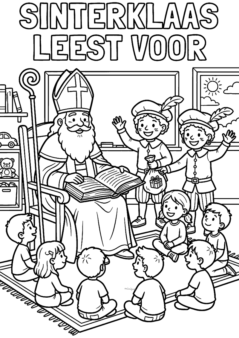 Kleurplaat van Sinterklaas met een groot boek, twee Pieten en luisterende kinderen, titel Sinterklaas leest voor
