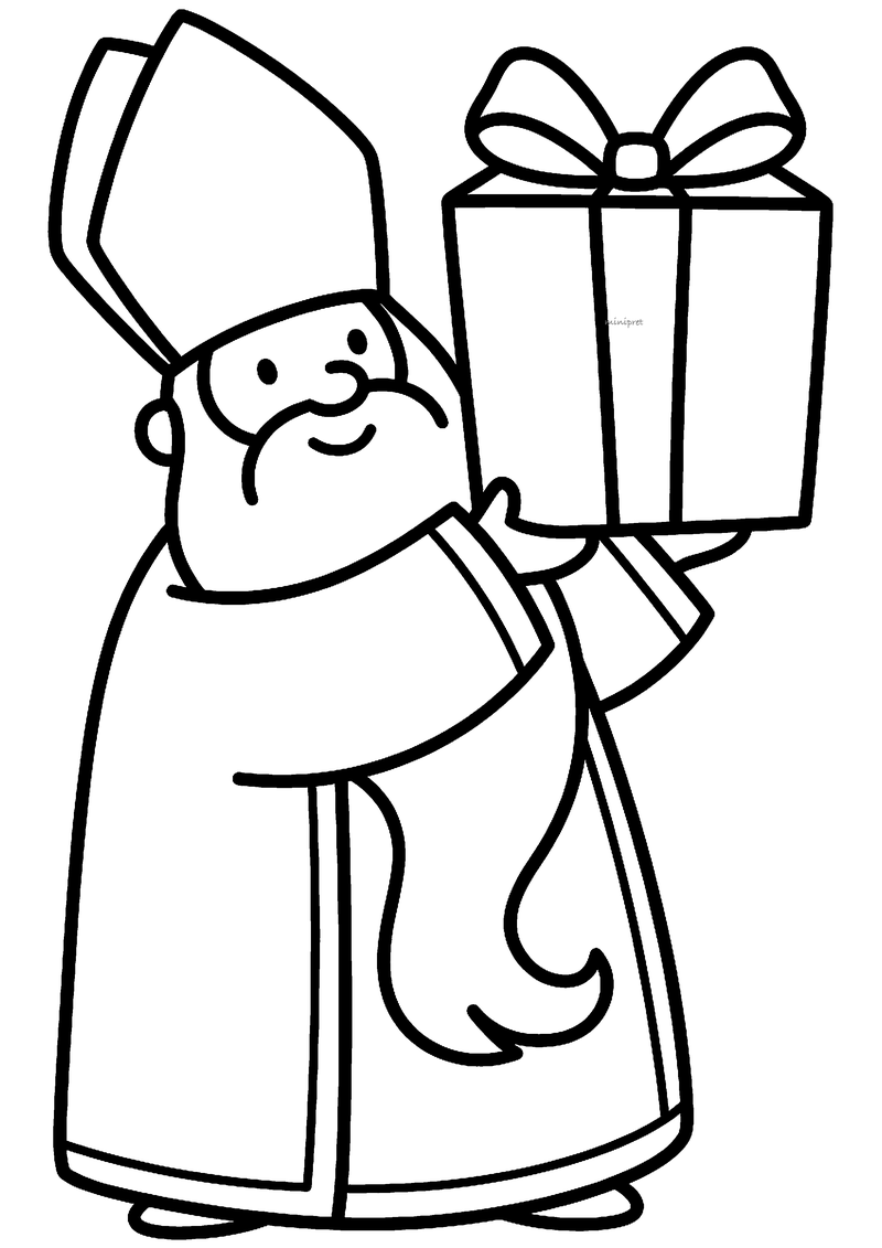 Kleurplaat van Sinterklaas van opzij die een groot cadeau met strik omhoog houdt, getekend met dikke lijnen