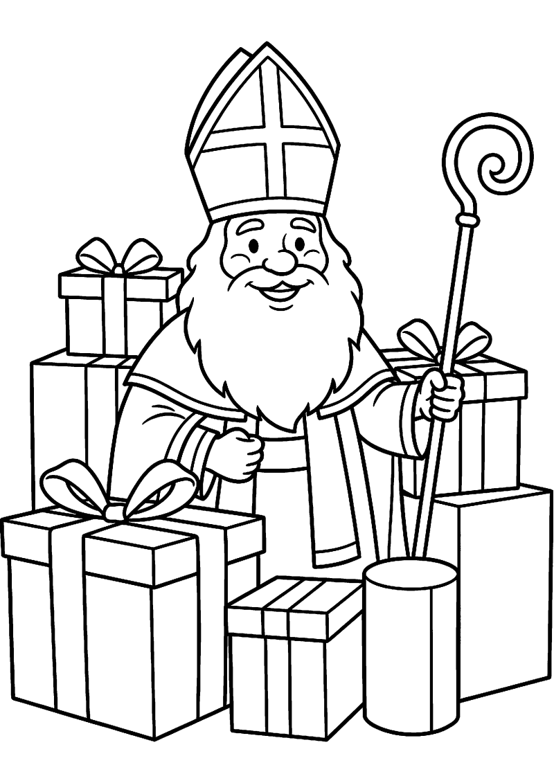 Sinterklaas met cadeautjes kleurplaat — gratis kleurplaat