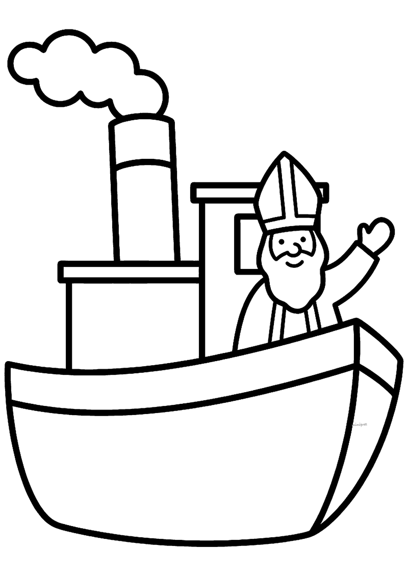 Kleurplaat van Sinterklaas die zwaait vanaf de stoomboot met een hoge pijp en een rookwolk, met dikke lijnen