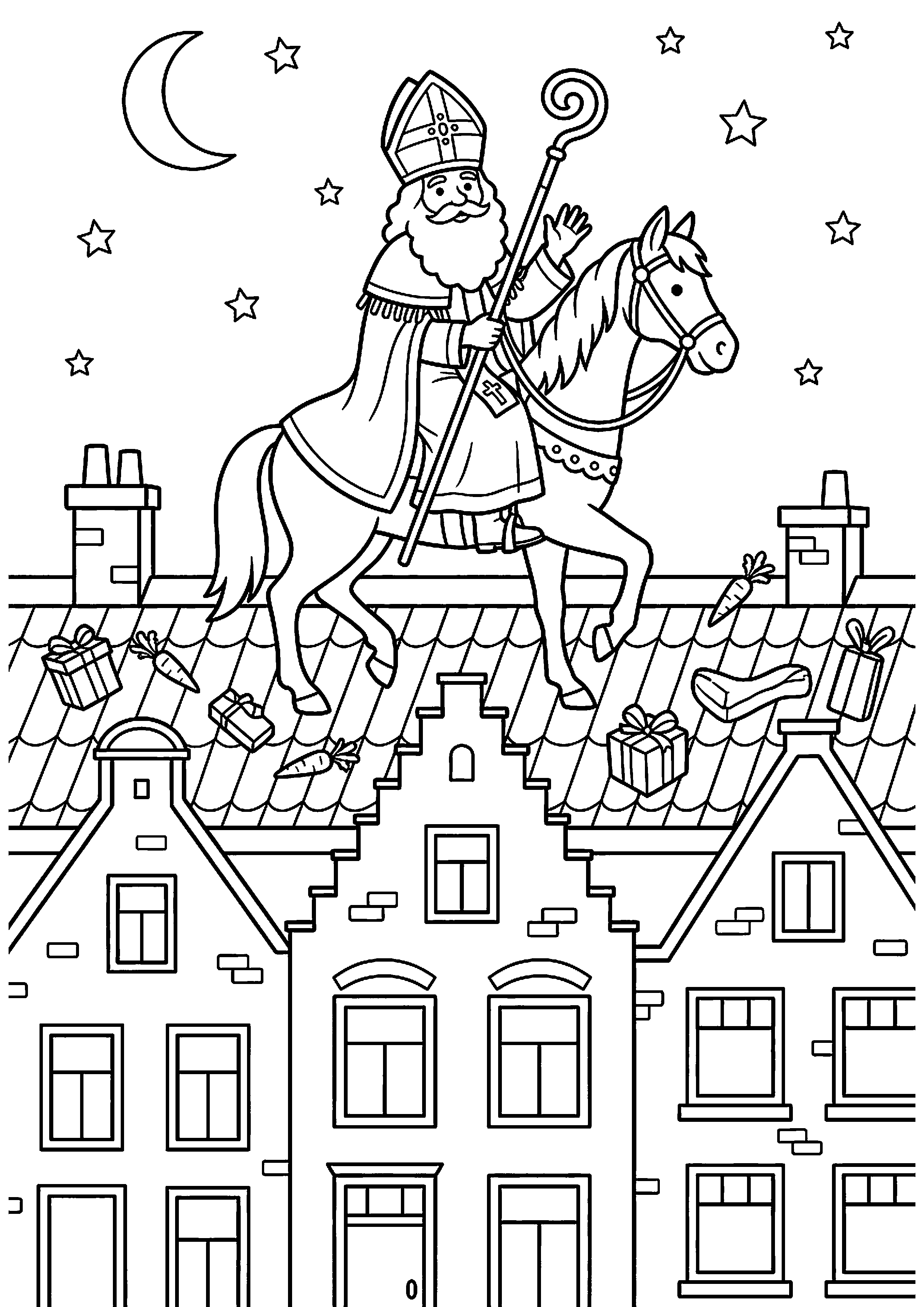 Sinterklaas op Ozosnel over de daken kleurplaat — gratis kleurplaat