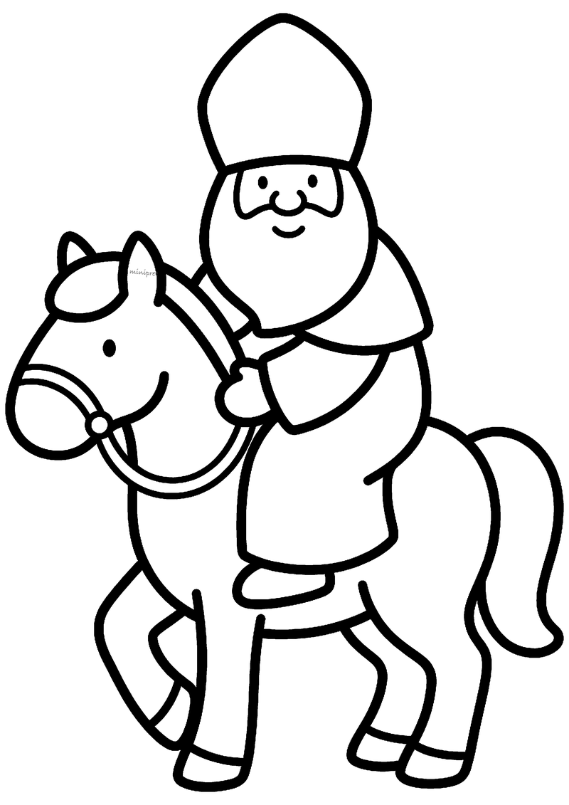 Kleurplaat van Sinterklaas die op zijn paard zit en de teugels vasthoudt, getekend met dikke ronde lijnen