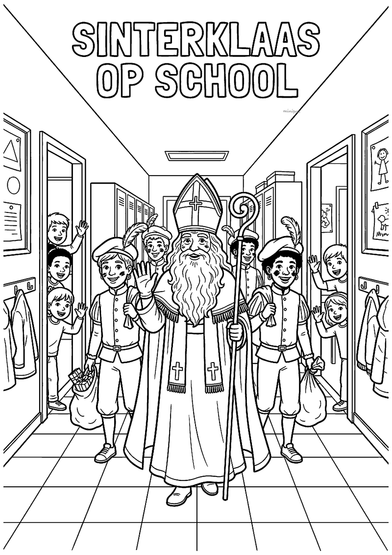 Kleurplaat van Sinterklaas die met vier Pieten door de gang loopt terwijl kinderen zwaaien, titel Sinterklaas op school