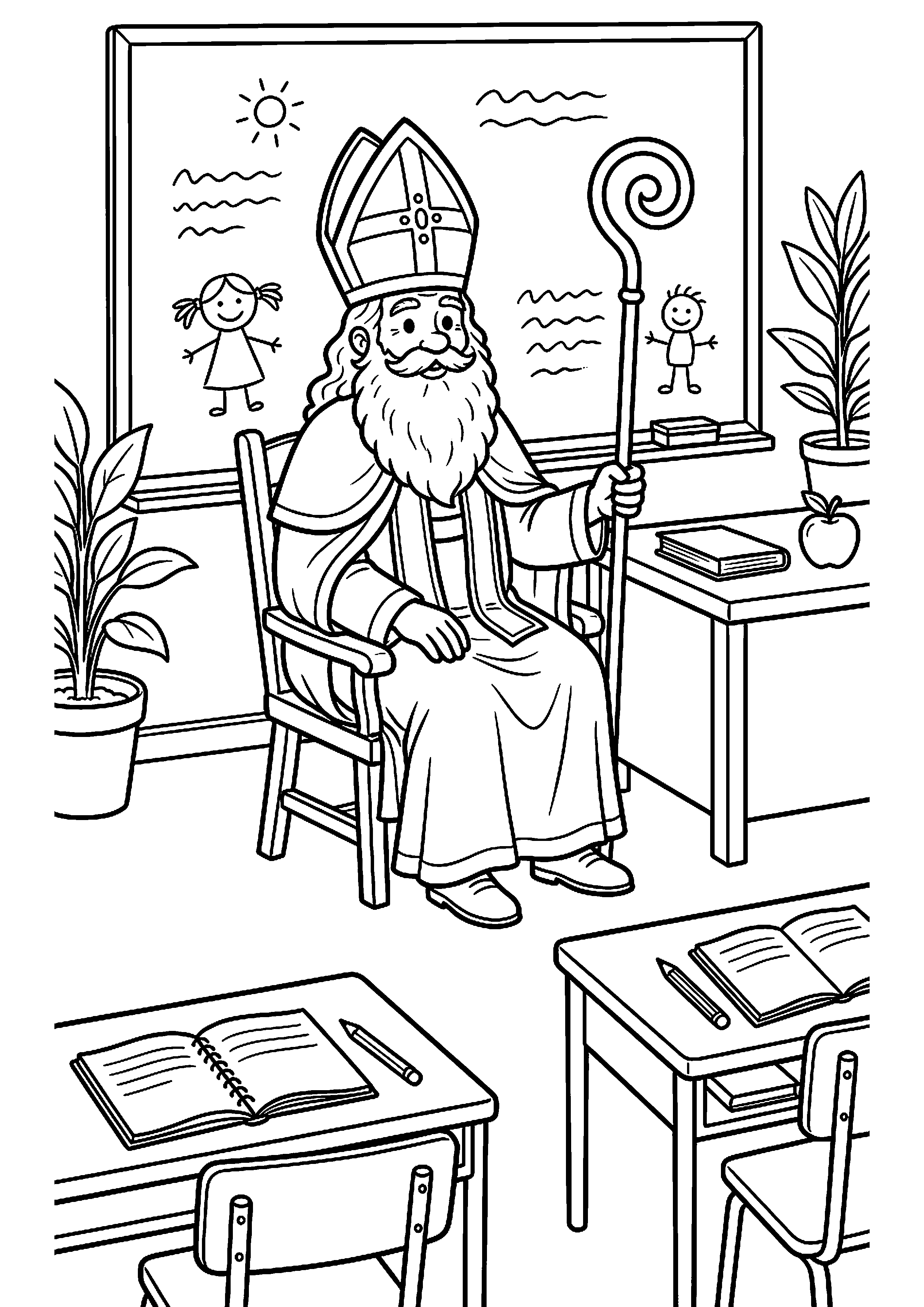 Sinterklaas op stoel in de klas kleurplaat — gratis kleurplaat