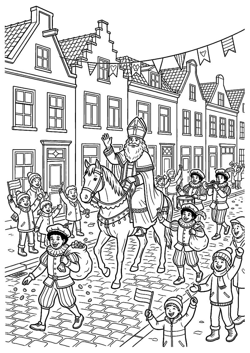 Sinterklaas stoet door de straat kleurplaat — gratis kleurplaat