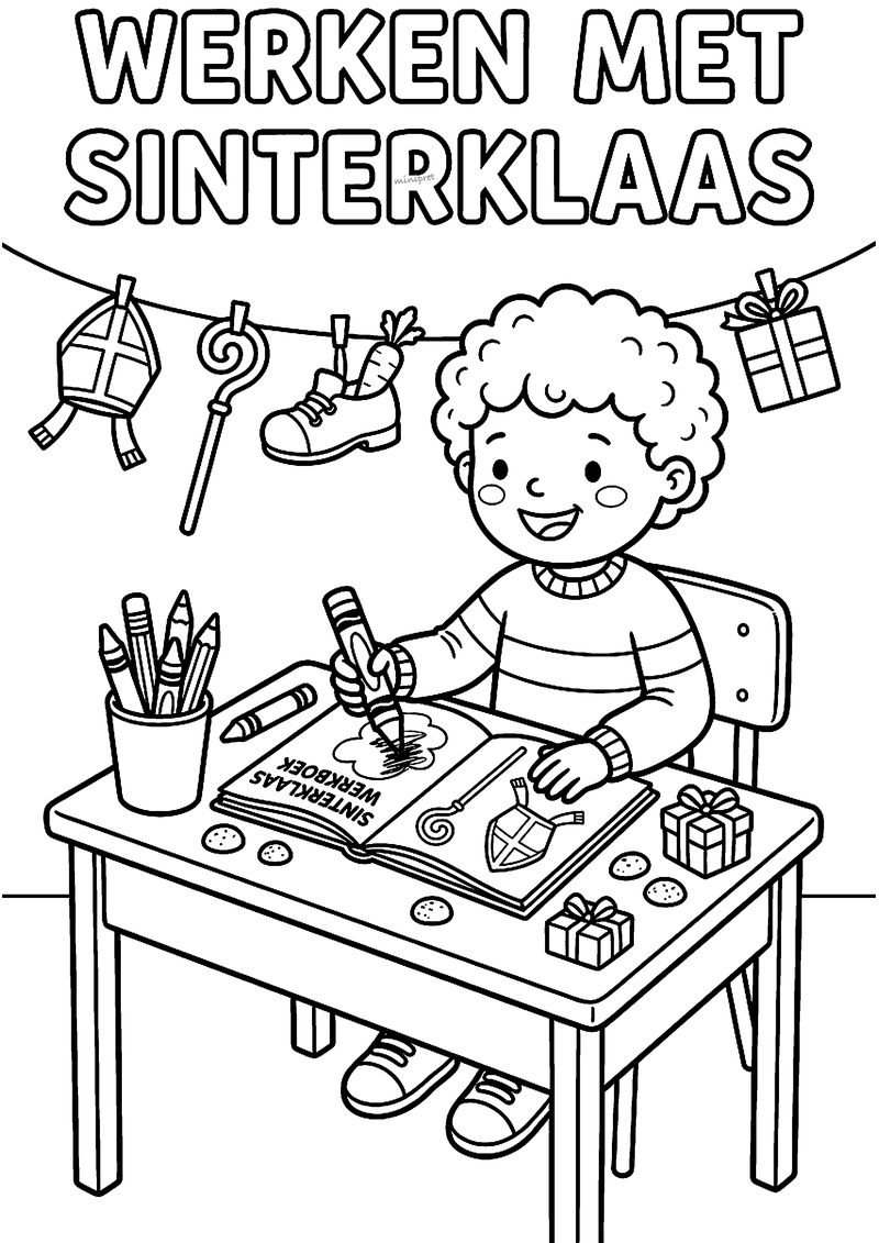 Kleurplaat van een kind dat aan tafel kleurt in een Sinterklaas kleurboek, titel Werken met Sinterklaas