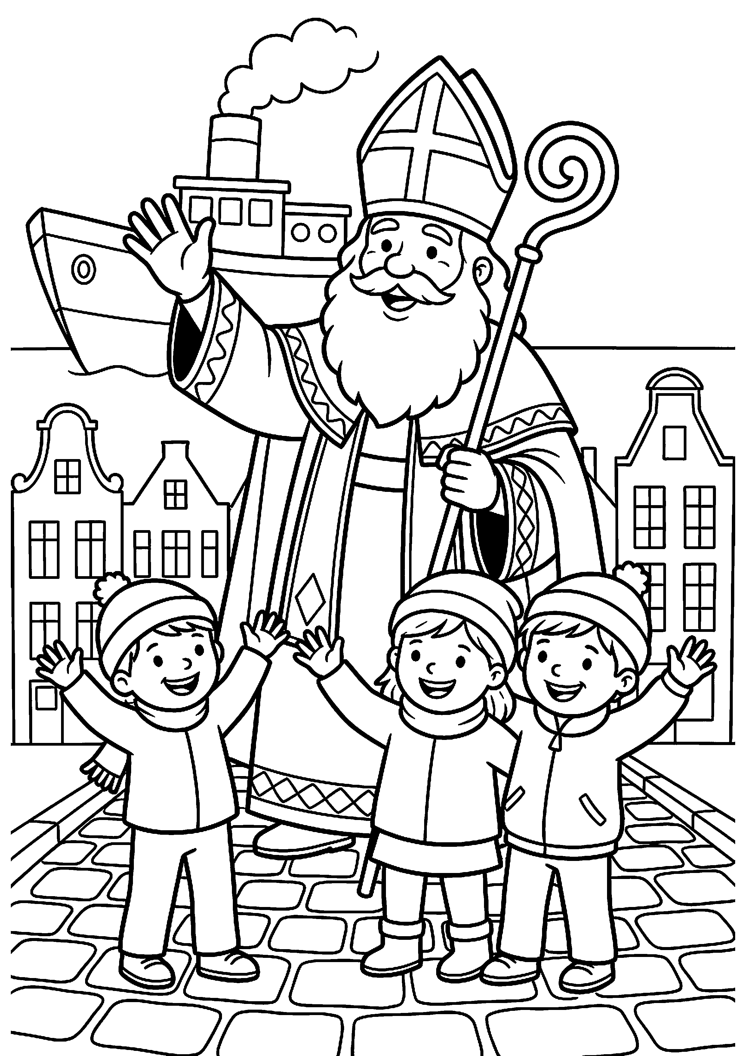 Sinterklaas zwaait naar kinderen kleurplaat — gratis kleurplaat