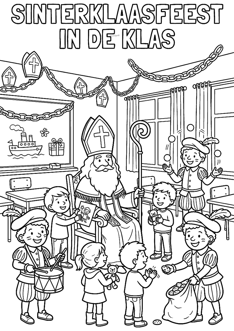 Kleurplaat van Sinterklaas, een trommelende en een jonglerende Piet en kinderen, titel Sinterklaasfeest in de klas
