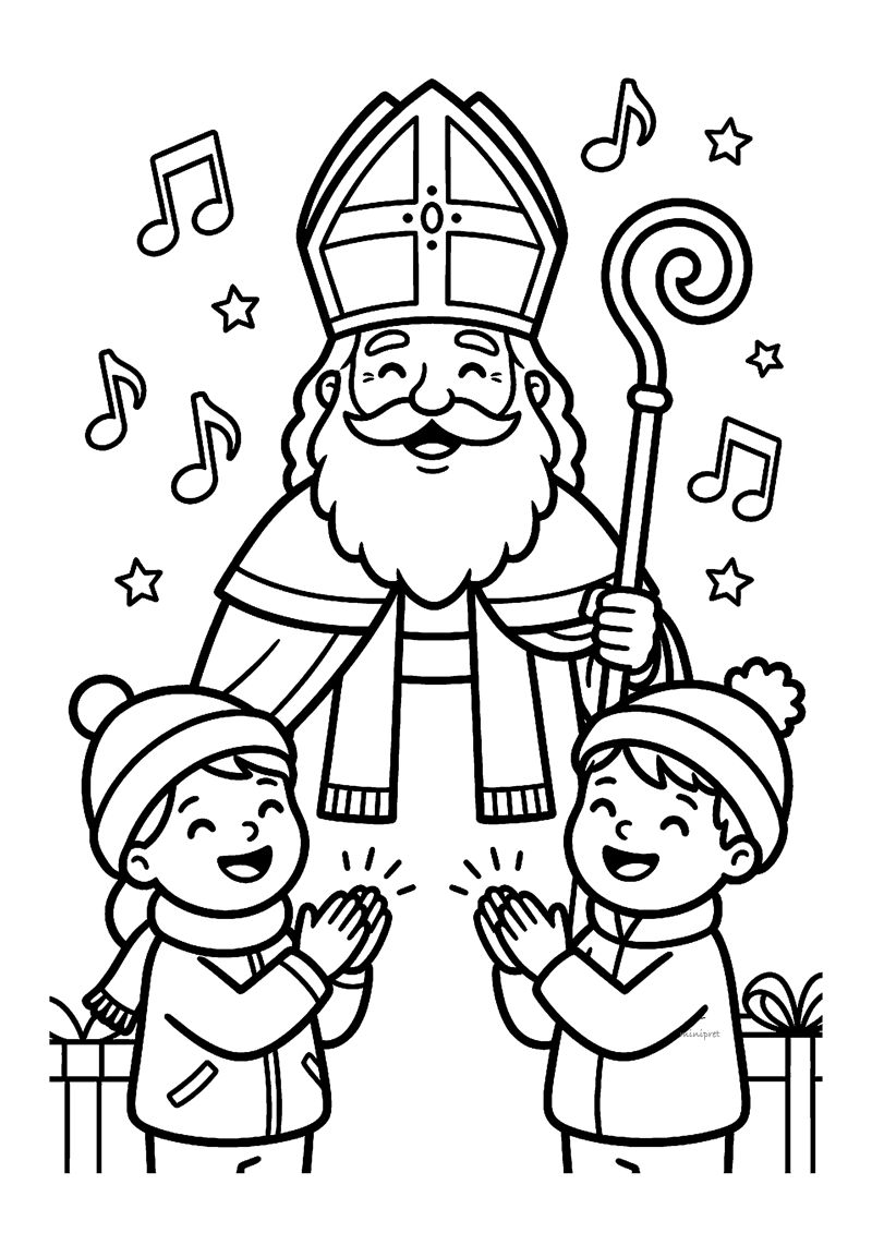 Sint zingt tussen twee kinderen met mutsen, muzieknoten en sterren overal.