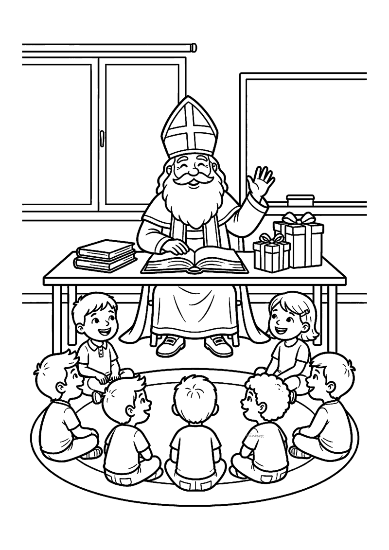 Sint zit aan tafel met boek en cadeau, kinderen luisteren in kring op de grond.