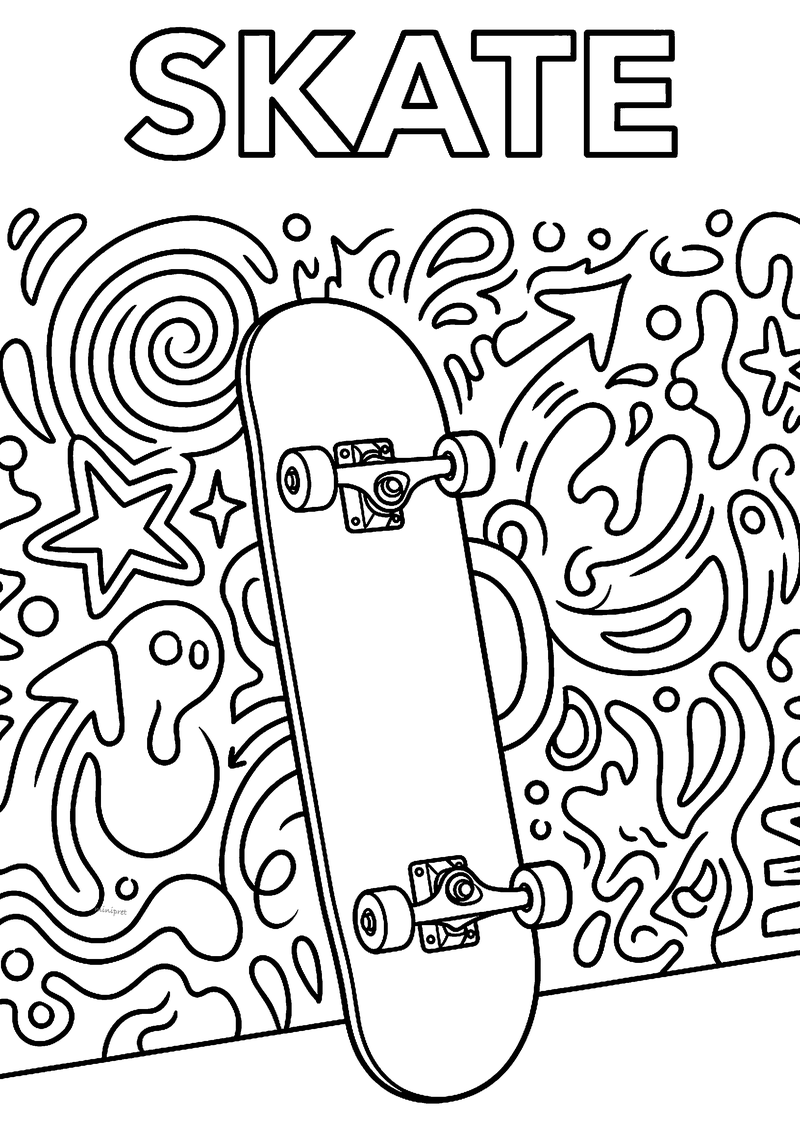 Kleurplaat van een skateboard tegen een muur vol graffiti met sterren, pijlen en spiralen