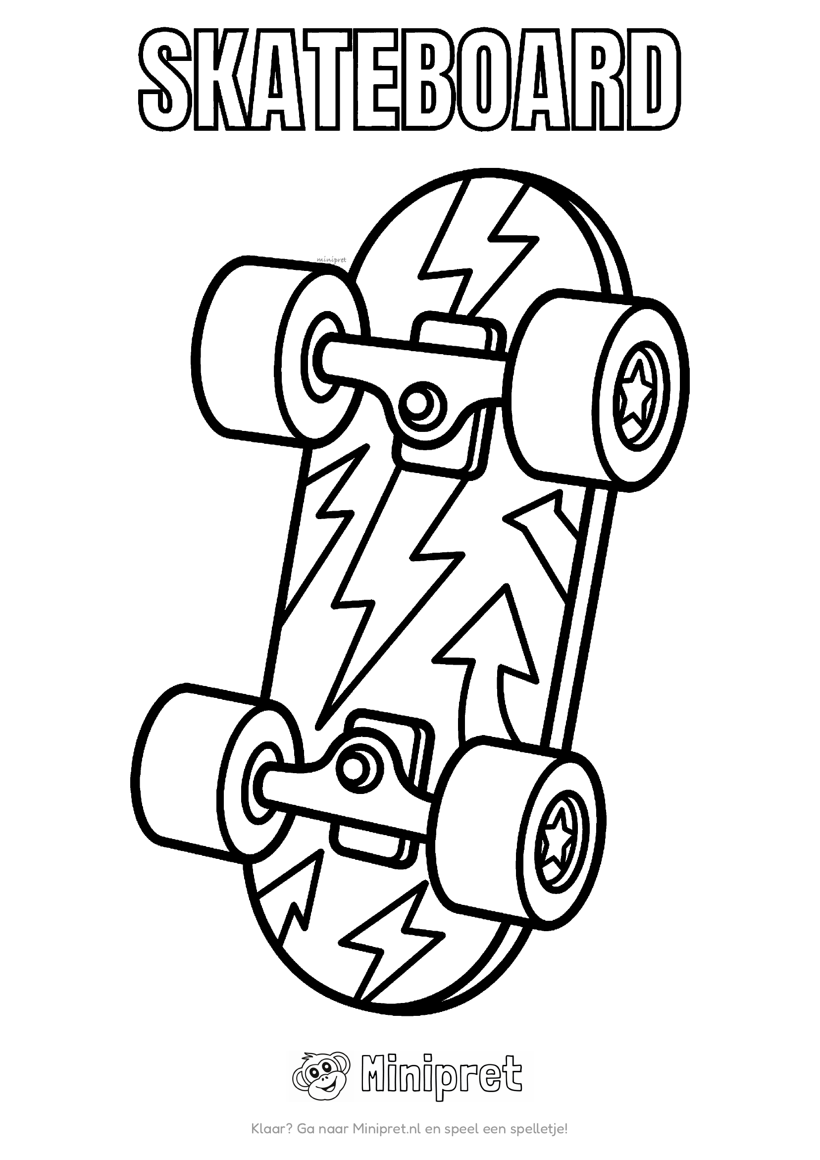 Skateboard met bliksemschichten en pijl als print op het dek, met het woord SKATEBOARD in dikke letters erboven