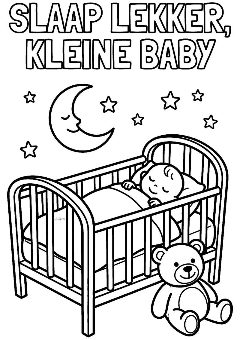 Kleurplaat van een slapende baby in een wieg onder maan en sterren, met teddybeer en de tekst Slaap lekker, kleine baby