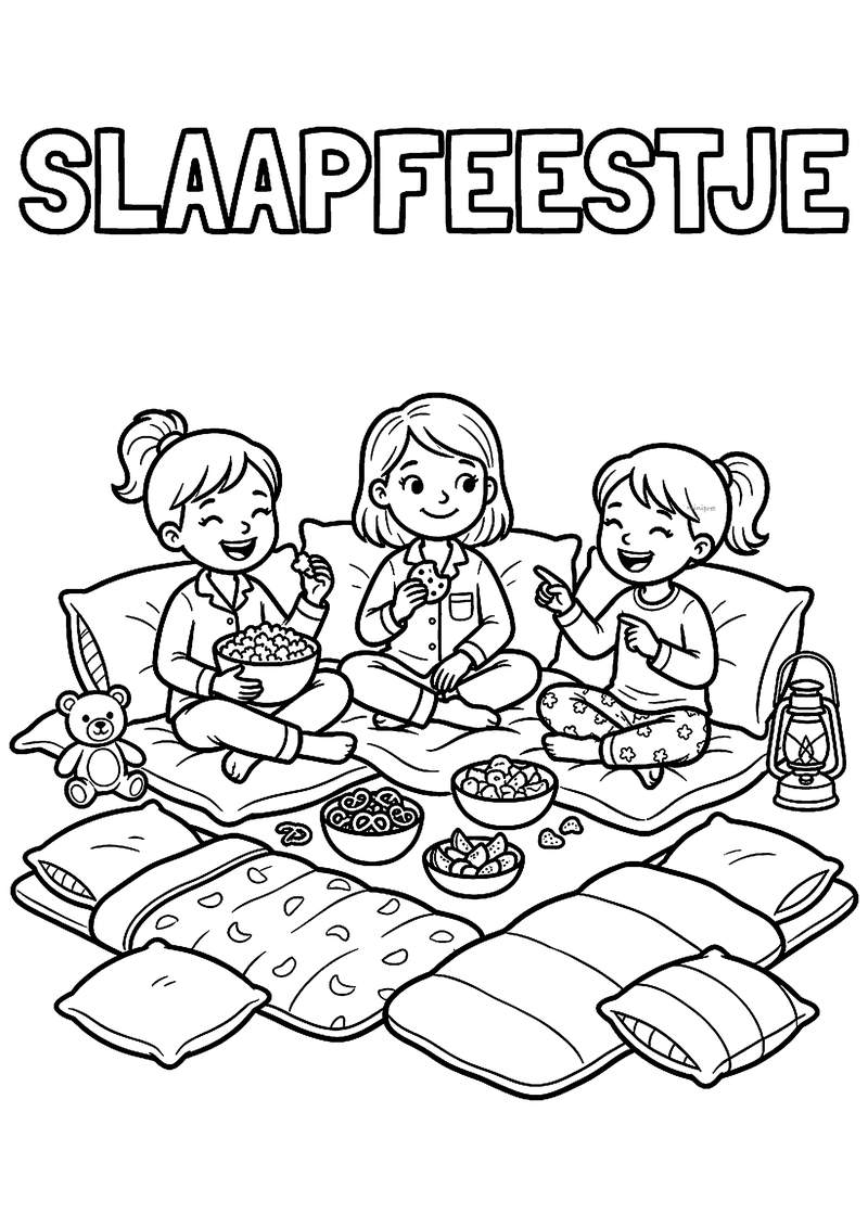 Kleurplaat Slaapfeestje: drie meisjes in pyjama op kussens met popcorn, hapjes, een teddybeer en een lantaarn