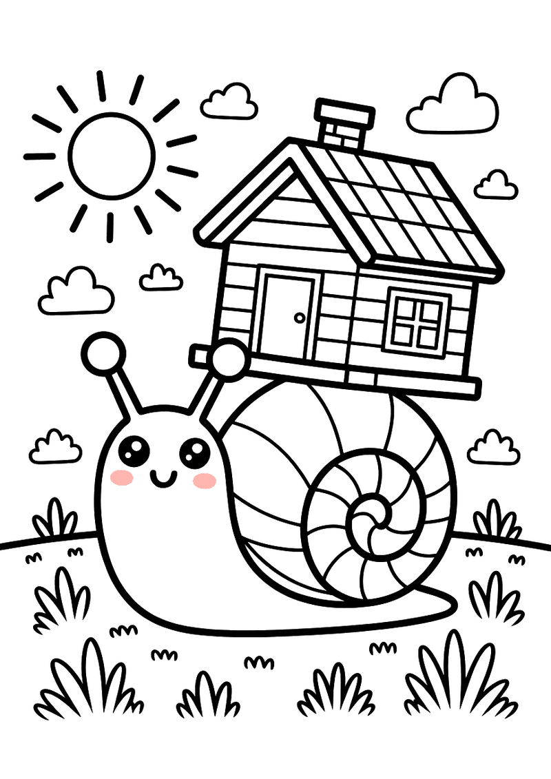 Kleurplaat van een kawaii slak met een huisje met dak en schoorsteen als slakkenhuis op zijn rug.