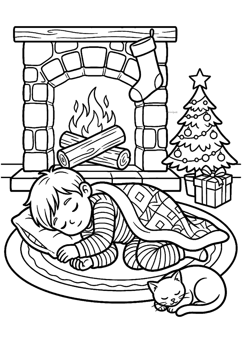 Kleurplaat van slapend kind op tapijt onder een gepatroonde quilt voor een open haard, met slapende kat en kerstboom.