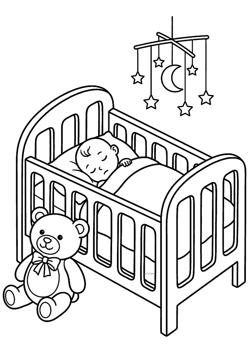 Kleurplaat van een slapende baby in een ledikant met een mobiel van maan en sterren en een teddybeer op de grond