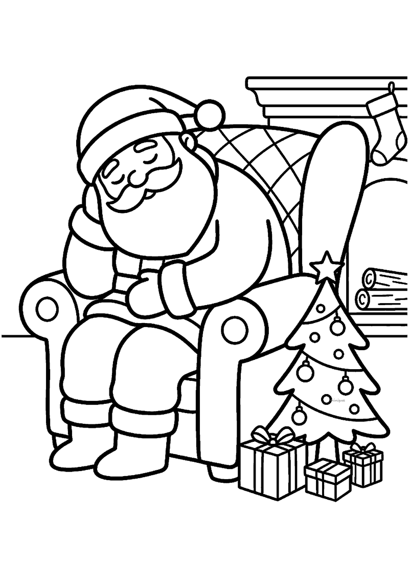 Kleurplaat van Kerstman in muts en pak die slapend in een geruite fauteuil zit, met kerstboom met ster en cadeaus.