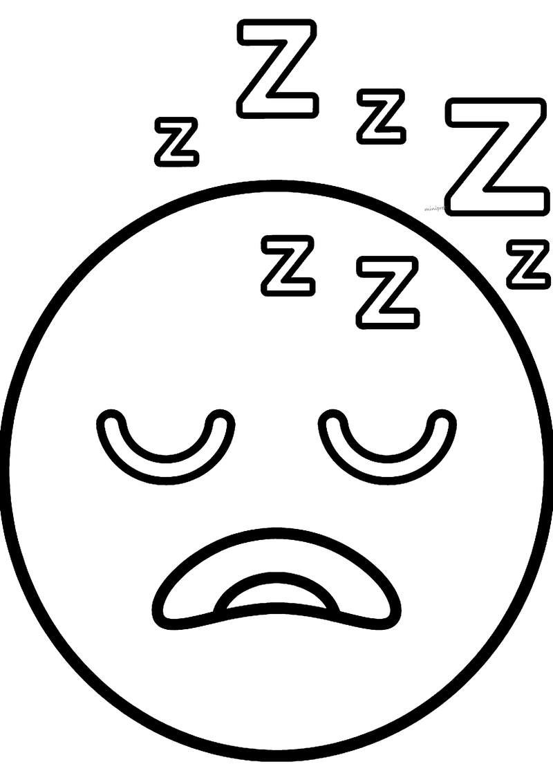 Kleurplaat van een slaperige emoji met gesloten ogen, een gapende mond en zwevende letters Z