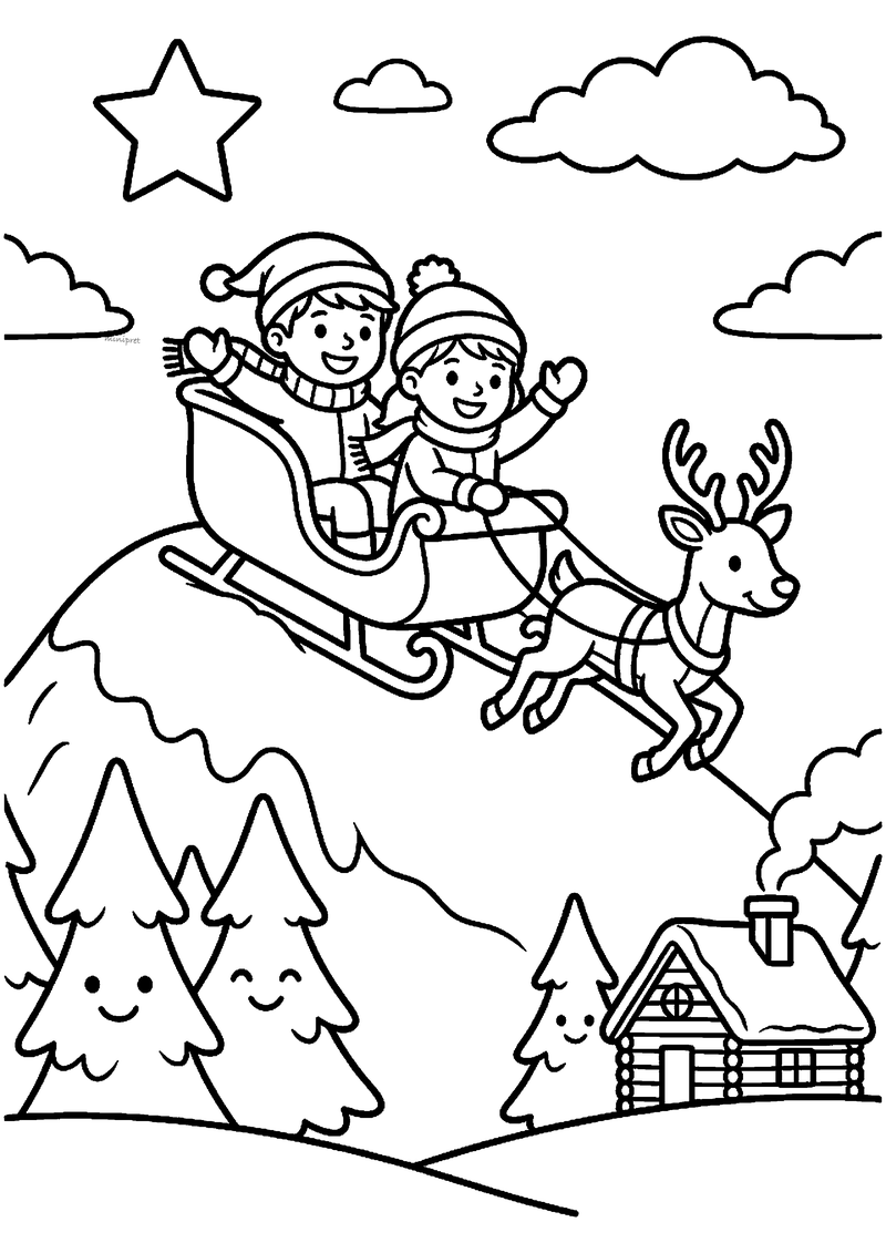 Kleurplaat van twee kinderen met mutsen die op een slee getrokken door rendier van een besneeuwde heuvel glijden.