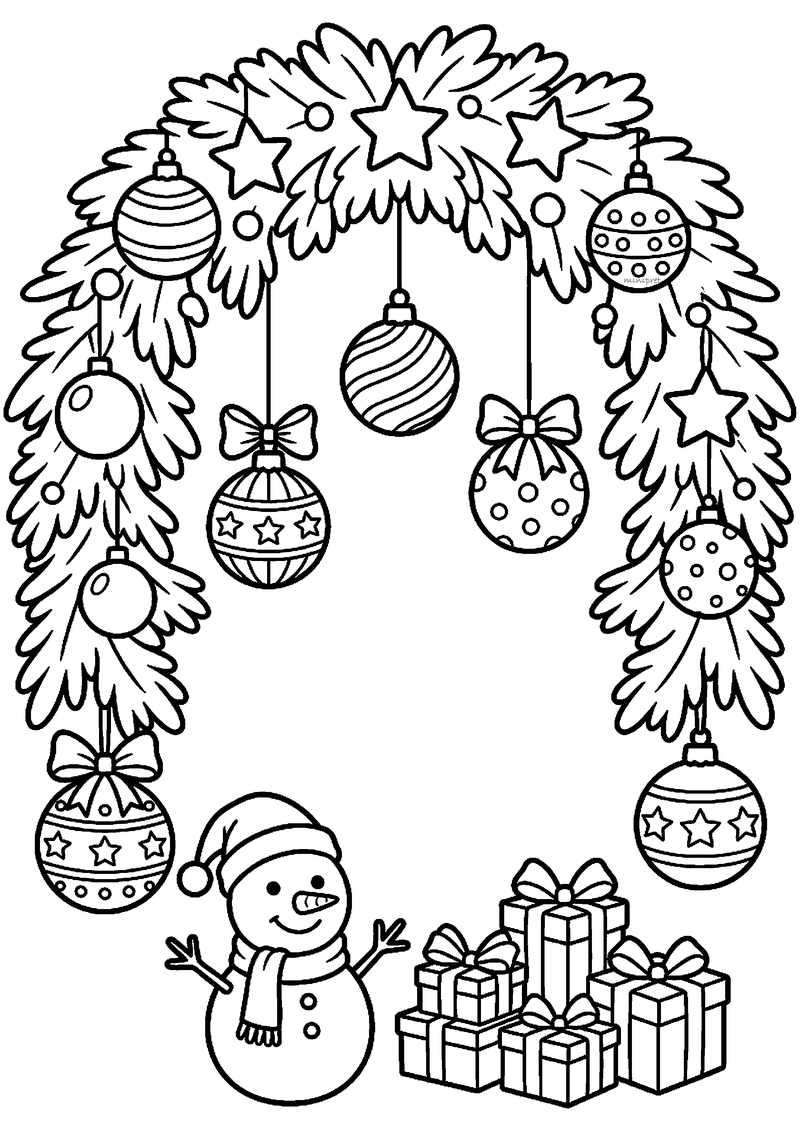 Kleurplaat van een boog van dennentakken met sterren waaraan zeven kerstballen en strikken hangen, met sneeuwpop en.