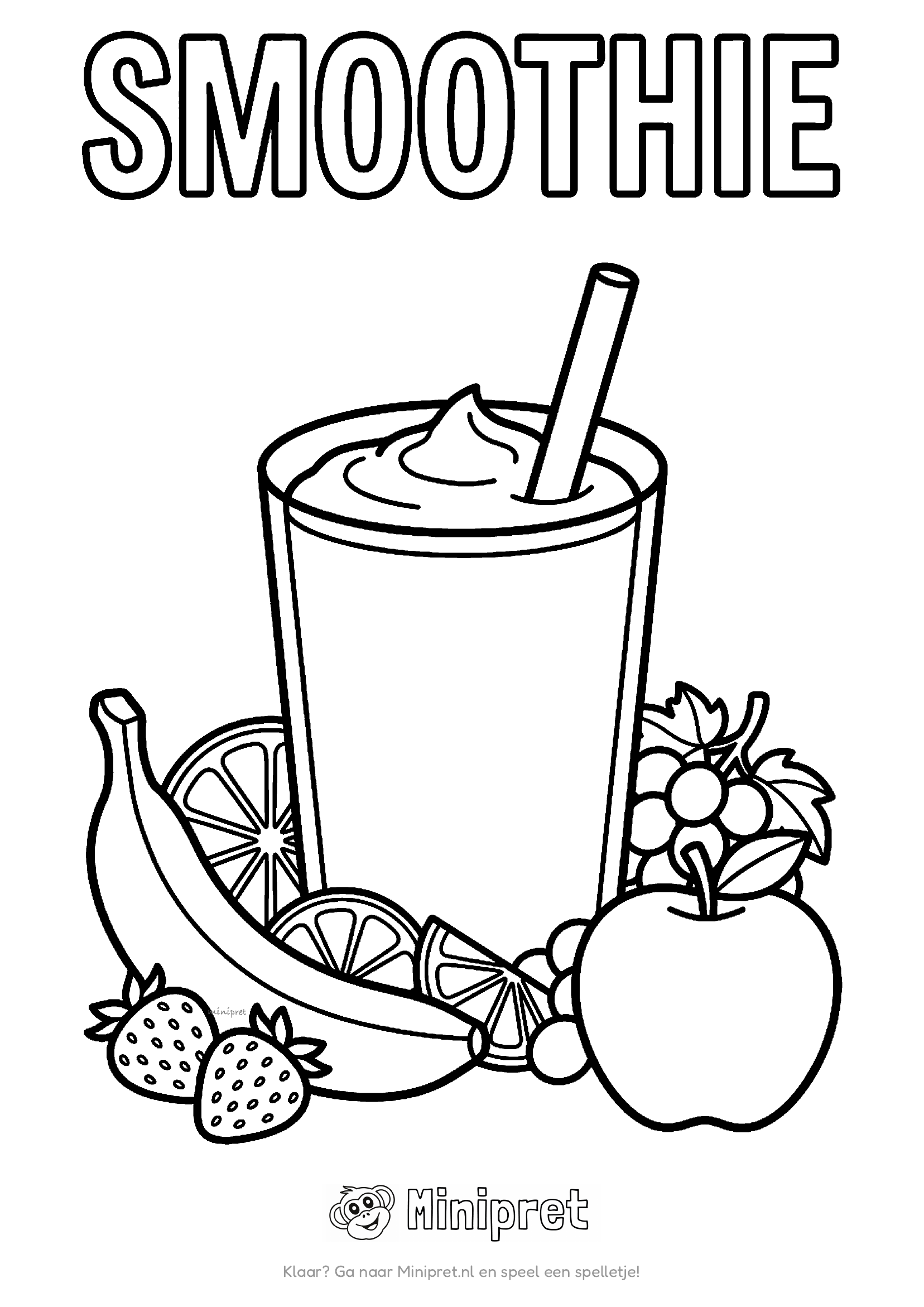 Smoothie als kleurplaat: glas smoothie met rietje en wat fruit erbovenop