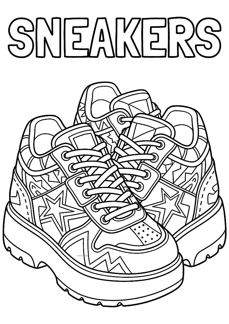Kleurplaat van een paar sneakers met dikke zolen, veters en sterren en zigzagpatronen