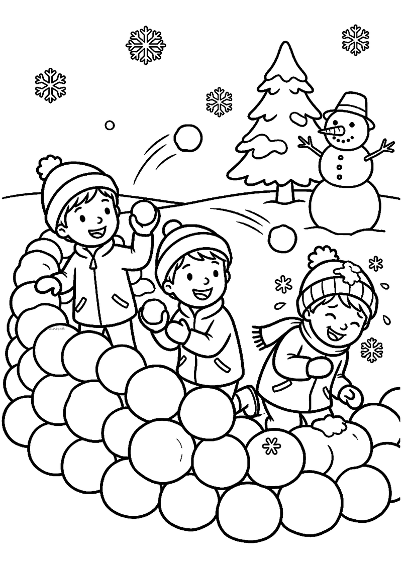 Kleurplaat van drie kinderen achter een muur van sneeuwballen die een sneeuwbalgevecht houden, met sneeuwpop en.