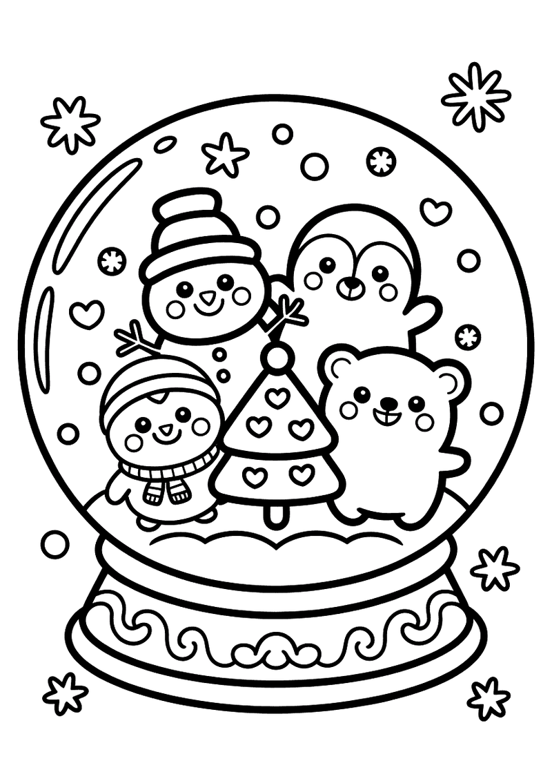 Kleurplaat van een sneeuwbol met daarin een kawaii sneeuwpop, pinguin, beer en kerstboompje tussen sneeuwvlokjes.