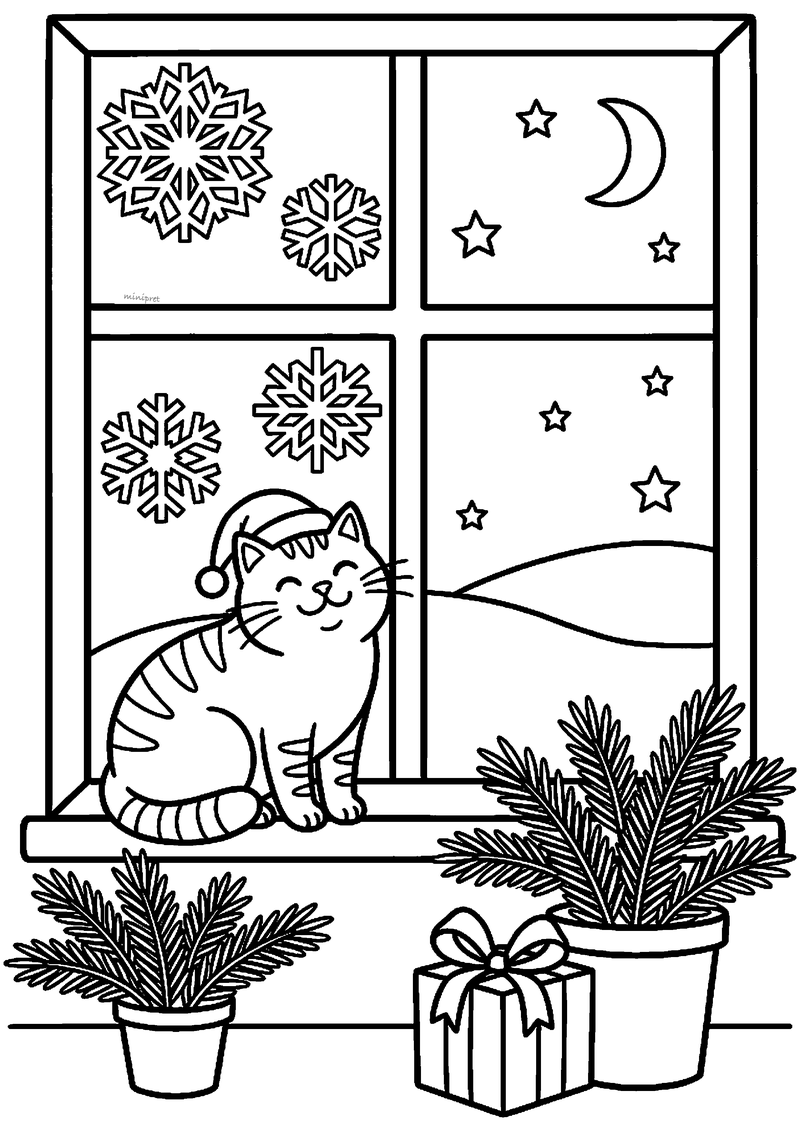 Kleurplaat van een lachende kat met kerstmuts op een vensterbank met grote sneeuwvlok-stickers op het raam.