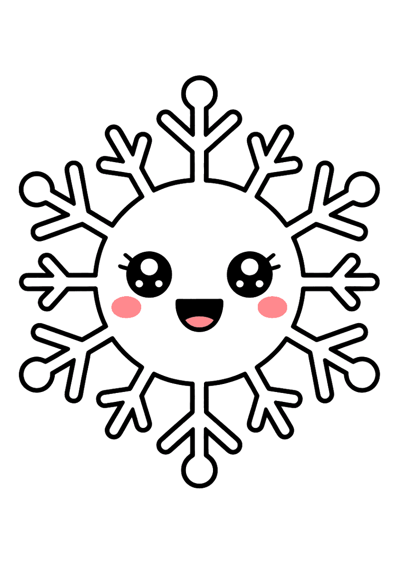 Kleurplaat van een grote kawaii sneeuwvlok met zes punten, grote ogen, blosjes en een lachend mondje.